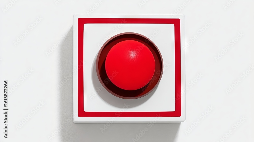 Poster large red button on a white background, surrounded by a square frame, symbolizing urgency and action