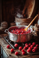 Homemade Raspberry Jam Cooking on Stove in Cozy Kitchen