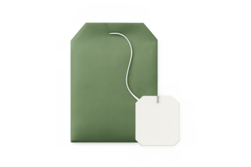 Realistic green tea bag with blank white label and string on a transparent background, perfect for showcasing your tea brand