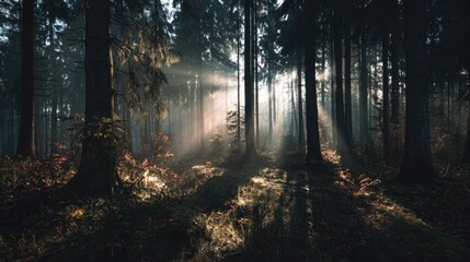 Naklejka premium Sunbeams pierce dark forest