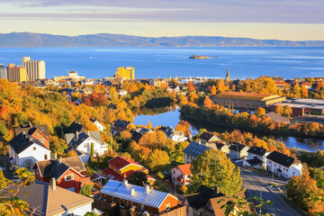 Aerial view of Trondheim fjord and island Munkholmen