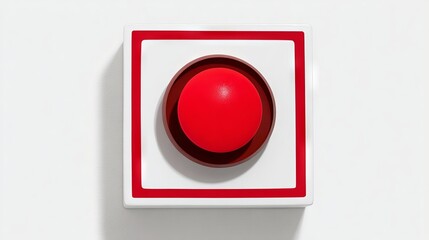 Large red button on a white background, surrounded by a square frame, symbolizing urgency and action, ideal for design projects and creative concepts