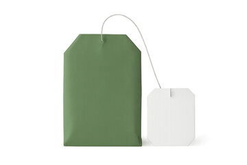 Realistic mockup of green tea bag with white label on transparent background, perfect for showcasing tea packaging design