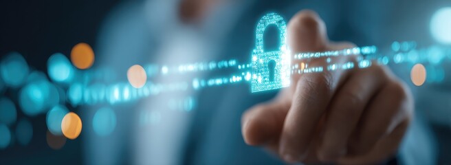 Hand interacting with digital lock security graphic