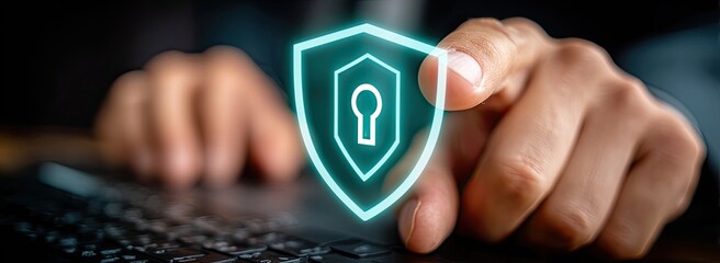 Hands over a keyboard, hovering over a glowing shield with a lock graphic