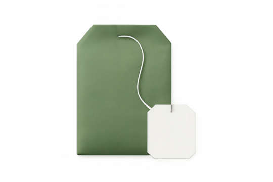 Realistic green tea bag with blank white label and string on a transparent background, perfect for showcasing your tea brand