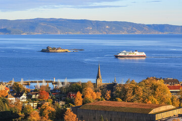 Aerial view of Trondheim fjord and island Munkholmen