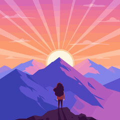 Mountain landscape with rising sun in flat vector style, symbol of growth,  notebook cover