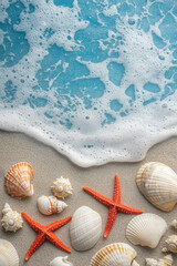 Beach summer panoramic background with seashells and starfish