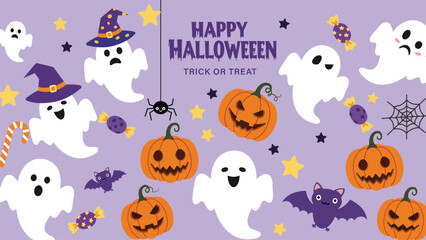 Happy Halloween Vector Vertical Banners Set with Cute Ghosts and Pumpkins