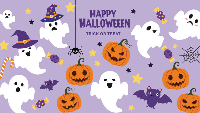 Happy Halloween Vector Vertical Banners Set with Cute Ghosts and Pumpkins