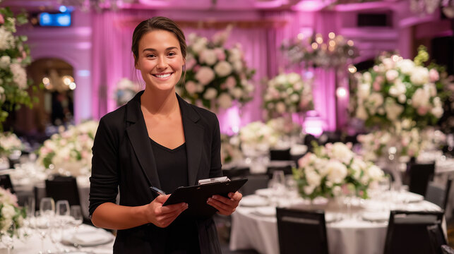Young female event coordinator stands confidently at the entrance of a lavishly decorated hall, clipboard in hand, scanning a checklist as servers place floral centerpieces on roun