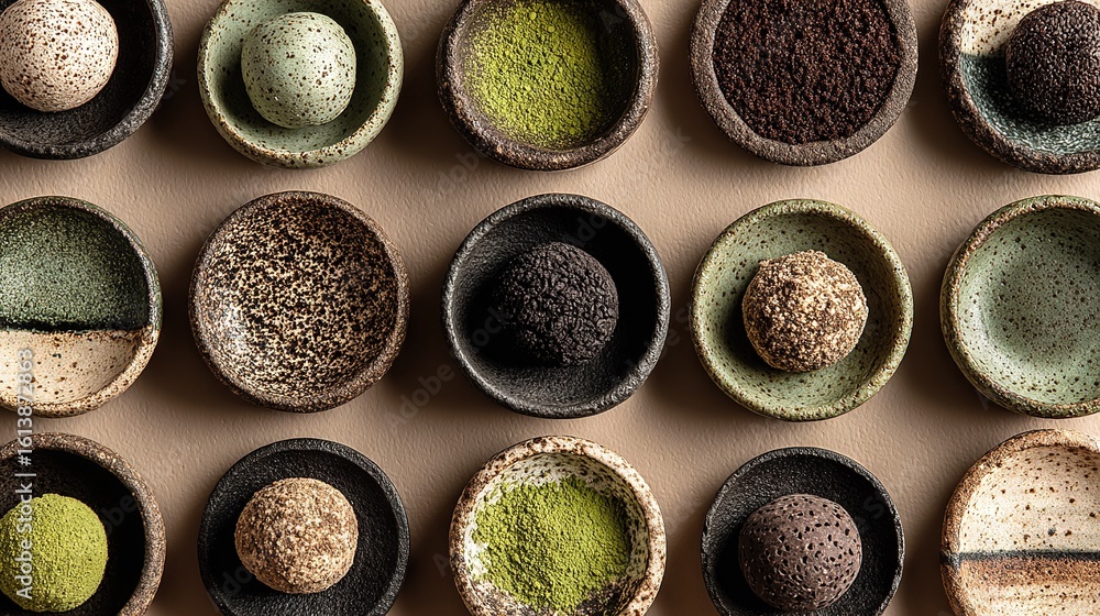 Poster a set of bowls containing various chocolate powders and teaspoon scoops arranged on a table