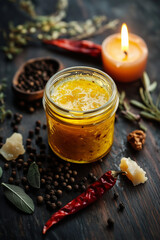Herbal Healing Balm in Glass Jar with Spices and Candlelight