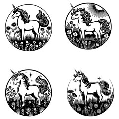 Collection of unicorns for tattoo on a transparent background, vector illustration
