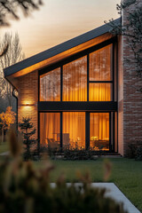 A beautiful modern brick house at sunset, golden hour, cozy lighting, warm tones, large windows reflecting the sun