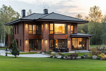 A beautiful modern brick house at sunset, golden hour, cozy lighting, warm tones, large windows reflecting the sun