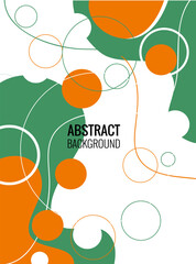 Abstract white backdrop with emerald green and vibrant orange circular shapes, layered flow lines, depth effects, minimal modern geometry, and overlapping forms with dynamic contrast