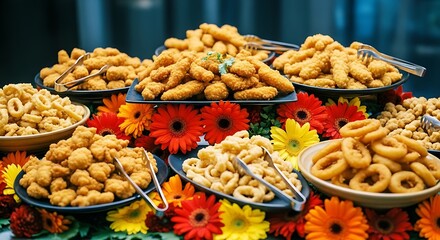 Fototapeta premium Assorted Fried Appetizers Displayed with Vibrant Gerbera Daisies for a Festive Occasion