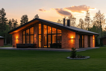 A beautiful modern brick house at sunset, golden hour, cozy lighting, warm tones, large windows reflecting the sun