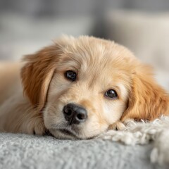 adorable golden retriever puppy relaxing comfortably on a cozy blanket