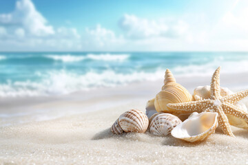 Beach summer panoramic background with seashells and starfish