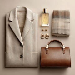 Elegant women's fashion accessories arranged artfully, featuring a coat, perfume, scarf, earrings, and handbag. This image offers a glimpse into refined style.