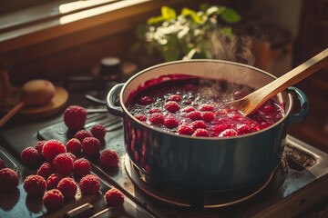 Homemade Raspberry Jam Cooking on Stove in Cozy Kitchen