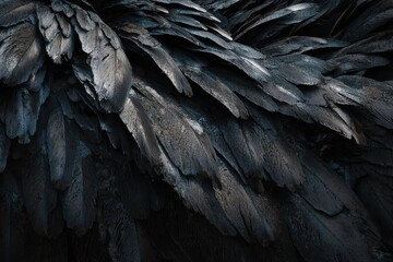 Intricate dark feathers layer, showcasing textures and gradients in a close-up, abstract view