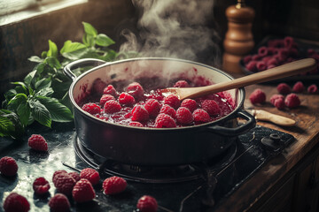 Homemade Raspberry Jam Cooking on Stove in Cozy Kitchen