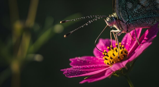 Intimate macro portrait of a dew-covered butterfly sipping nectar from a pink cosmos blossom in a serene morning garden.