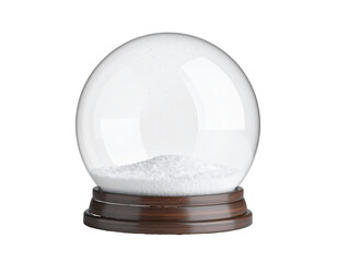 Clear glass globe with white snow and wooden base isolated on a transparent background