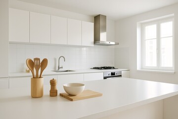 Fototapeta premium Minimalist white modern kitchen interior with wooden utensils, bowl, and natural daylight. Clean, bright, and uncluttered design