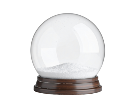 Clear glass globe with white snow and wooden base isolated on a transparent background