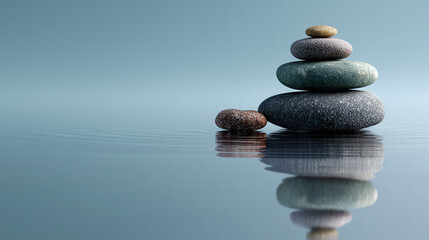 Zen Stone Stack in Water for Balance and Harmony Concept on Blue Background