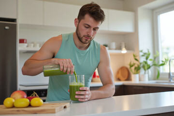 Close-Up Portrait of Australian Young Boy Drinking Green Smoothie After Workout in Kitchen