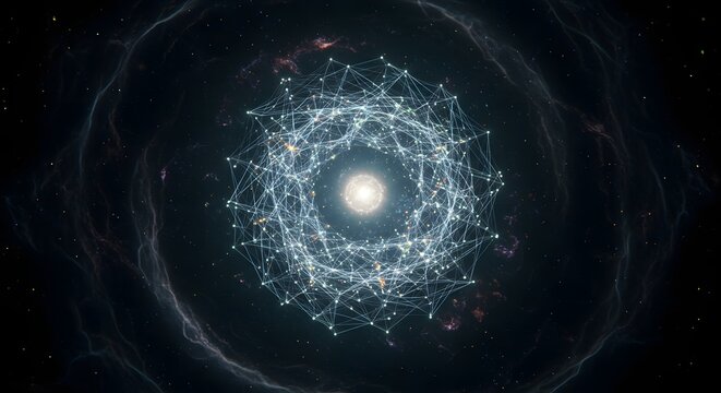 A luminous, intricate network of interconnected nodes glowing in the dark cosmos, representing data, technology, and the future.
