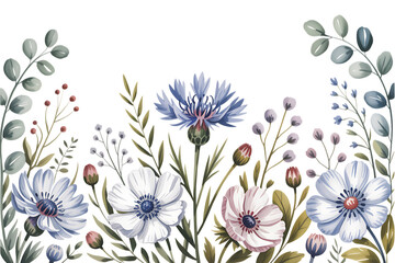 Obraz premium Delicate watercolor floral arrangement with blue cornflower and white anemones flowers botanical