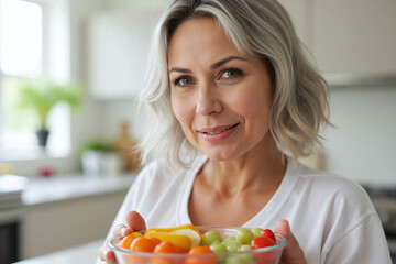Close-Up Portrait of Australian Elderly Woman Holding Fruit Bowl in Kitchen
