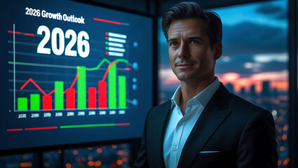 Businessman presenting financial graph on digital screen in office setting