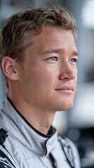 Obraz premium A Formula 2 driver in a white racing suit and helmet grips the steering wheel, eyes fixed on the track, ready for the challenge ahead