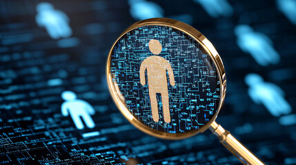 Person Icon Magnified by Magnifying Glass with Circuit Board Background