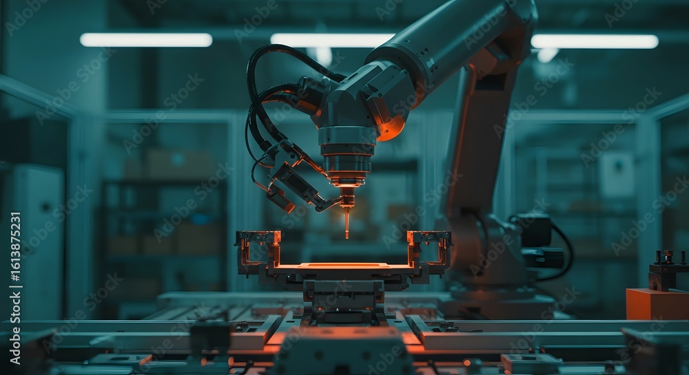 Poster precision manufacturing automated robotic arm in factory setting for enhanced efficiency and modern 