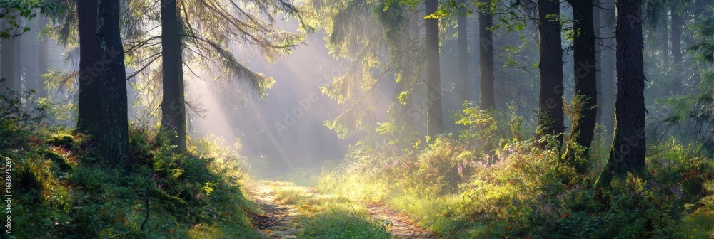 Poster open path through misty forest symbolizes the learning journey with sunlight filtering through trees