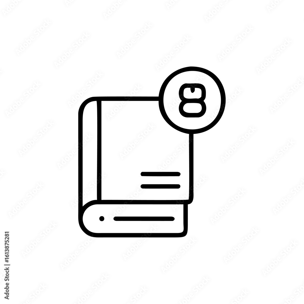 Aufkleber outline icon a book with a circle containing the number eight vector