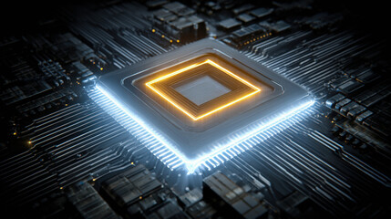 High tech microprocessor with glowing edges, showcasing intricate circuit design and advanced technology. This represents innovation in computing
