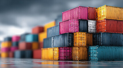 Fototapeta premium Colorful stacked cargo containers create vibrant scene at port, reflecting dynamic nature of shipping and logistics