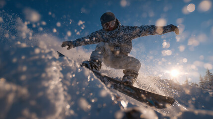 Snowboarder lands cleanly after aerial spin, arms outstretched, sparkling snow and glowing winter sun highlight achievement