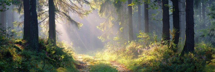 Open Path Through Misty Forest Symbolizes the Learning Journey With Sunlight Filtering Through Trees During Early Morning Hours