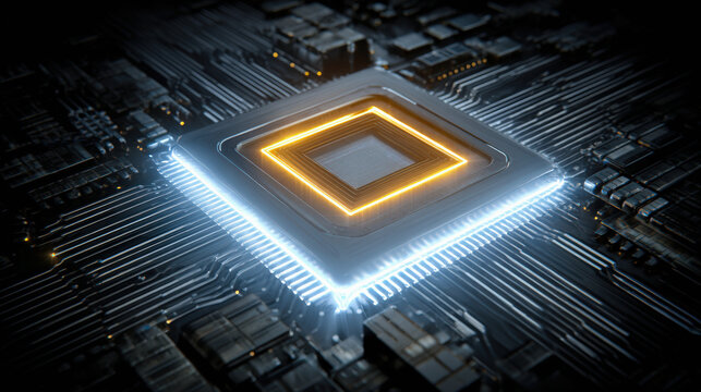 High tech microprocessor with glowing edges, showcasing intricate circuit design and advanced technology. This represents innovation in computing